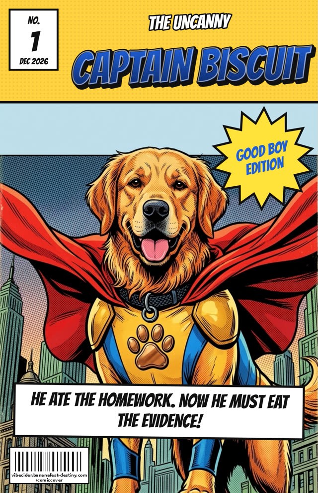 Example: a golden retriever drawn by the AI as a superhero on a comic cover titled Captain Biscuit