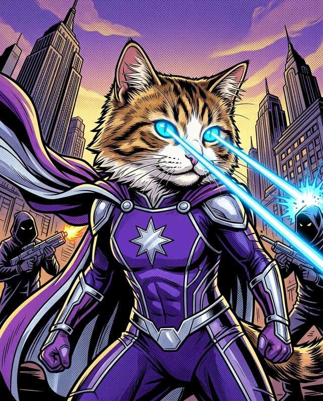 The same cat drawn by the AI as a superhero in a purple and silver costume, with laser eyes